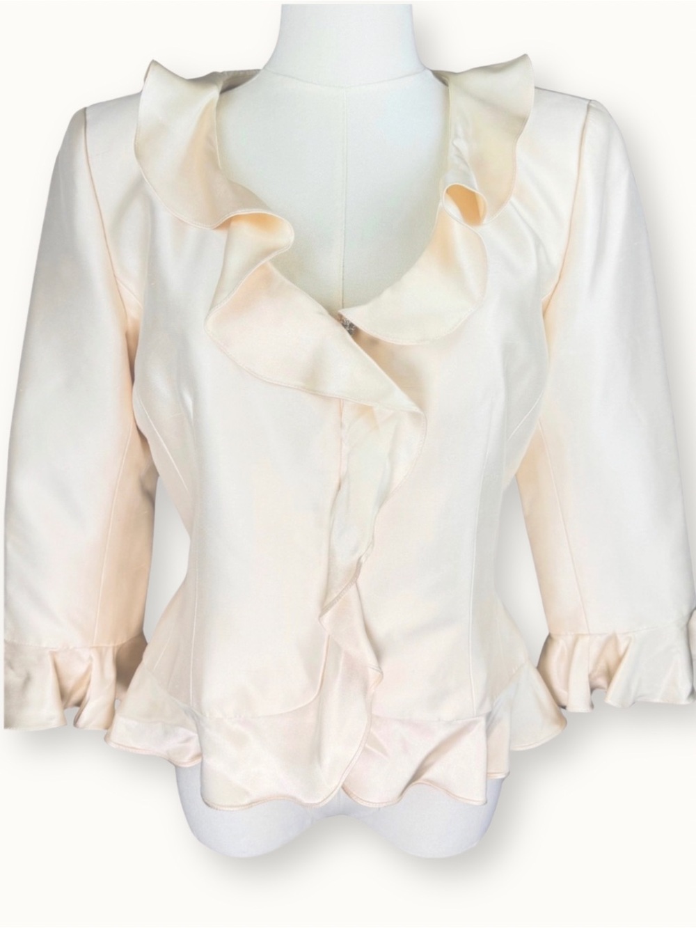 Kay Unger Vintage Ivory Satin Ruffle Jacket Blouse Rhinestone Buttons Size 8